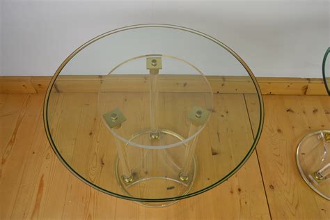 Round Plexiglass Side Tables with Glass Table Top and Brass Details,1970s | Retro Station