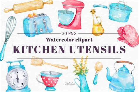 Watercolor Retro Kitchen Clipart. Kitchen Utensils. PNG (819010 ...