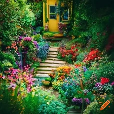 A whimsical garden filled with vibrant flowers, lush greenery, and magical creatures