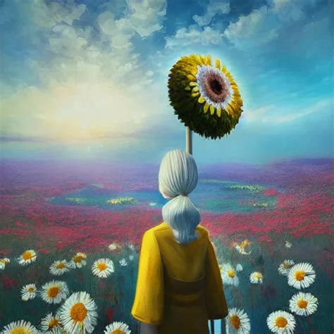giant daisy flower over head, woman in suit, standing | Stable Diffusion | OpenArt