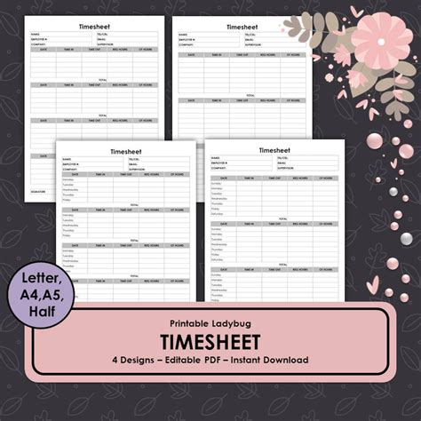 Printable Timesheet Tracker, Hours Log, Hours Tracker, Contractor Timesheet, Employee Hours ...