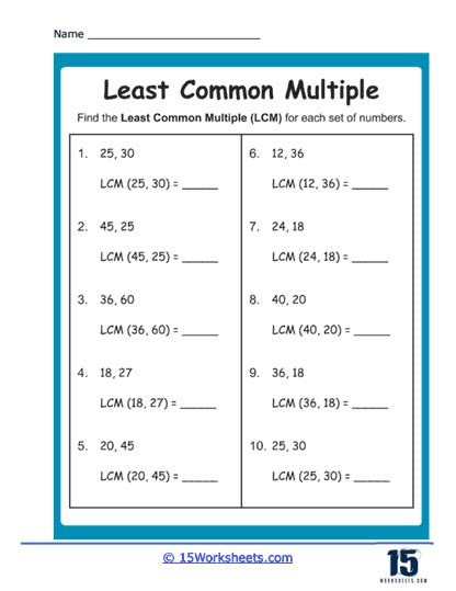 Least Common Multiples Worksheets - 15 Worksheets.com