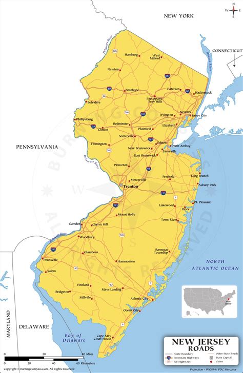 New Jersey Road Map with Interstate Highways and US Highways