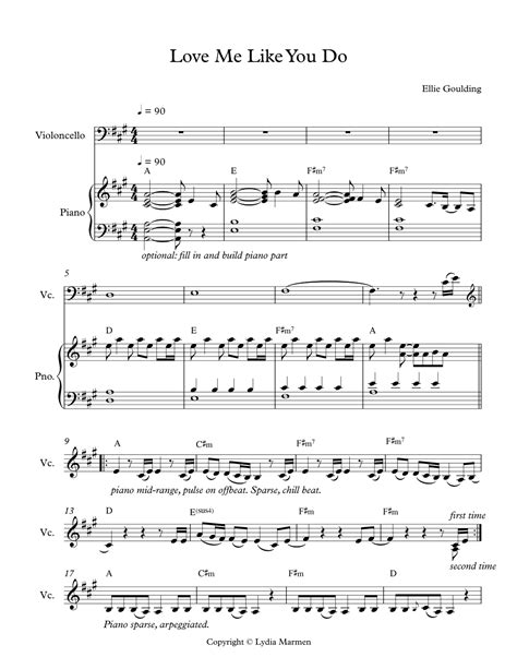 Love Me Like You Do (arr. Lydia Marmen) Sheet Music | Ellie Goulding | Cello and Piano