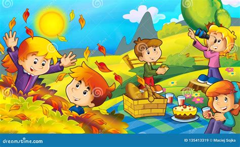 Cartoon Happy and Funny Scene with Kids in the Park Having Fun and Picnic - Illustration Stock ...