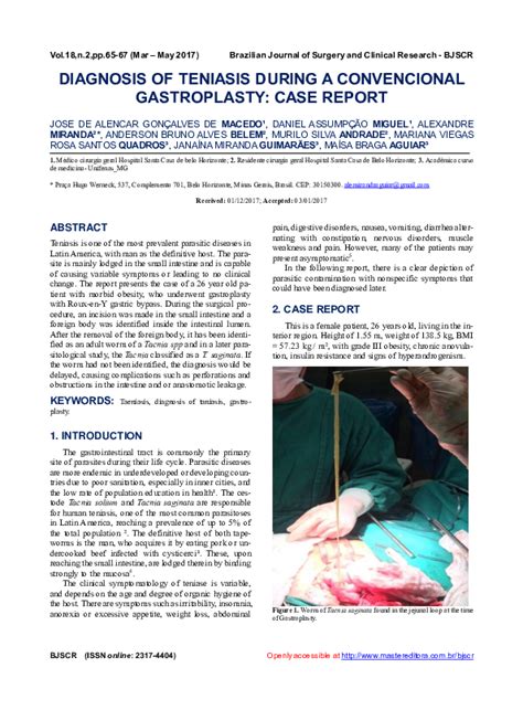 (PDF) Diagnosis of Teniasis During a Convencional Gastroplasty : Case Report | Daniel Assumpção ...