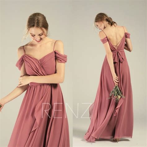 Prom Dress Old Rose Chiffon Bridesmaid Dress Ruched Off Shoulder Maxi Dress Ruffle A-line Party ...