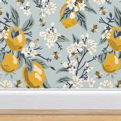 Bees & Lemons - Large - Blue (original Wallpaper | Spoonflower