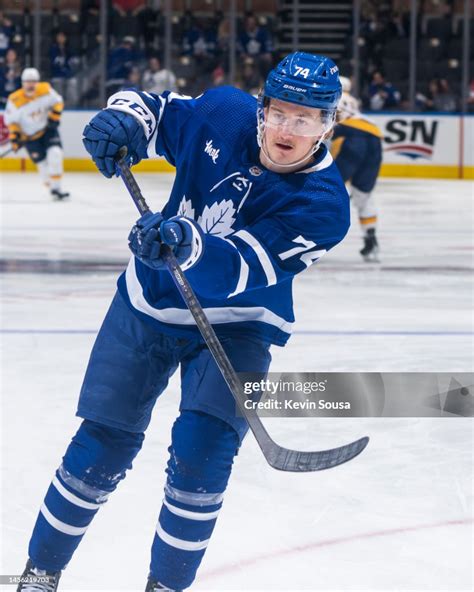 Bobby McMann of the Toronto Maple Leafs shoots during warm ups before ...