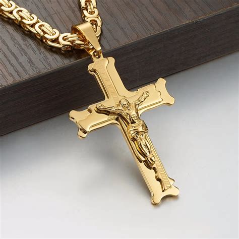 Gold Tone Jesus Cross Necklaces & Pendants for Men Stainless Steel Chain Byzantine Necklace ...