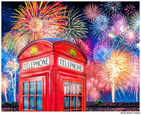 Red Phone Booth Art With Brilliant Fireworks - by Mark Tisdale