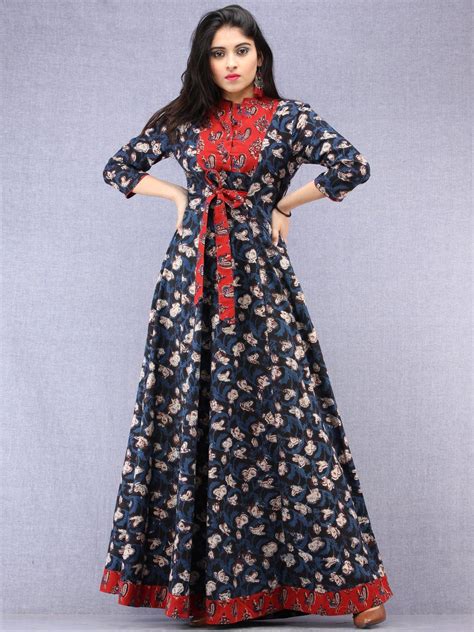 Haseen - Hand Block Printed Long Cotton Dress With Stand Collar - D391F1843 | Cotton long dress ...