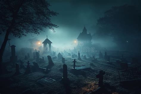 Dark Graveyard at Night, Shrouded in Thick Fog and an Eerie Horror ...