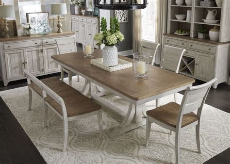 Farmhouse Reimagined Antique White Extendable Trestle Dining Table | Dining room sets, Farmhouse ...