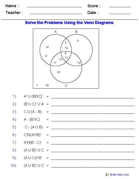 Venn Diagram Worksheets - Set Notation Problems Using Three Sets | Venn ...