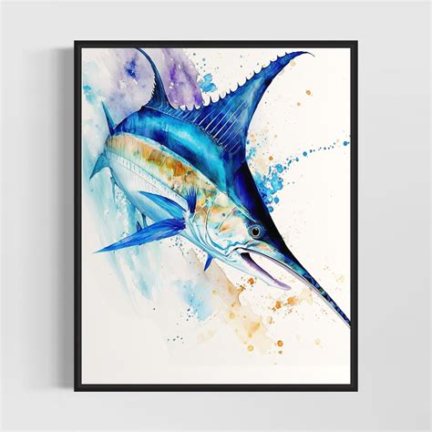 Blue Marlin Watercolor Art Print Blue Marlin Painting Wall - Etsy