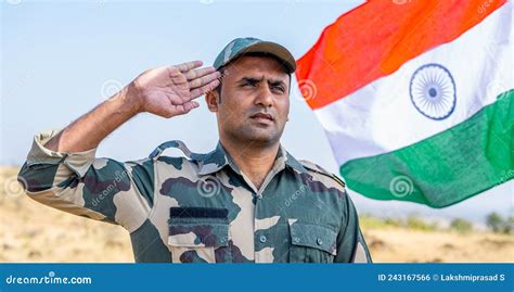 Front View Low Angle Shot of Proud Indian Army Soldier Saluting while ...