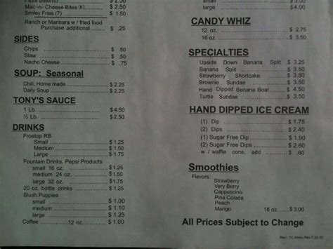 Menu at Tony's Coneys restaurant, Columbus