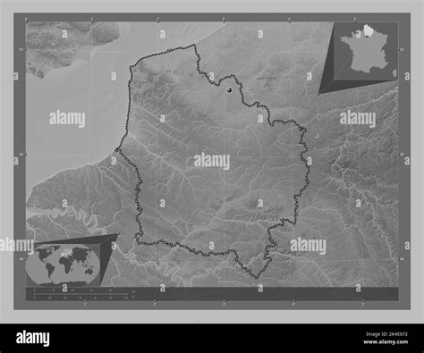 Hauts-de-France, region of France. Grayscale elevation map with lakes and rivers. Corner ...