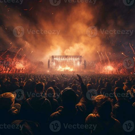 concert crowd roars with excitement as stage bursting with fireworks ...