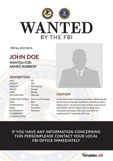 Download FBI Wanted Poster 4 - TemplateLab | Word template, Wanted ...