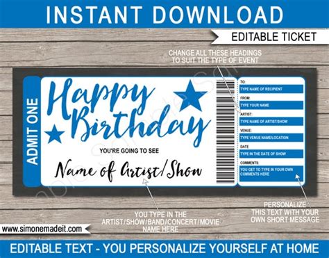 Show Ticket Template Birthday Gift Voucher Card Coupon - Surprise Broadway Show, Concert, Band ...