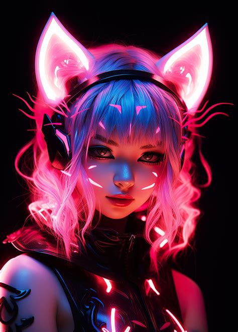 'Cat Girl Pink Neon Anime' Poster, picture, metal print, paint by hassen bouchemma | Displate