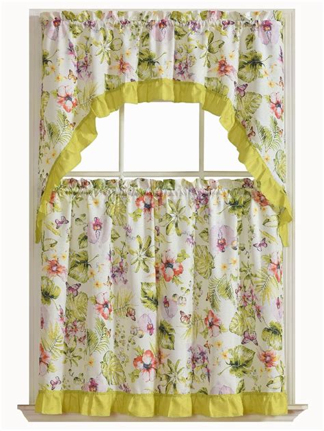 Tropical Floral 3 Pc. Complete Tier & Swag Valance Kitchen Curtain Set - Walmart.com - Walmart.com