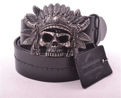 Men's Vintage Full Grain Leather Belts Skull belt buckle For cowboy Belt Pure black Very cool ...