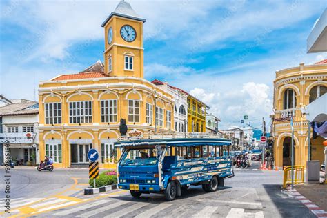 PHUKET, THAILAND -MAY 3, 2017, Phuket town, Thailand: Phuket old town with old buildings in Sino ...