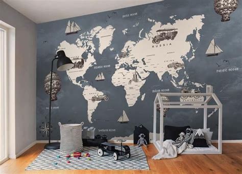 Kids Wallpaper Gray World Map Wall Mural Vintage Hot Air Balloon and Cars Wall Print Childroom ...