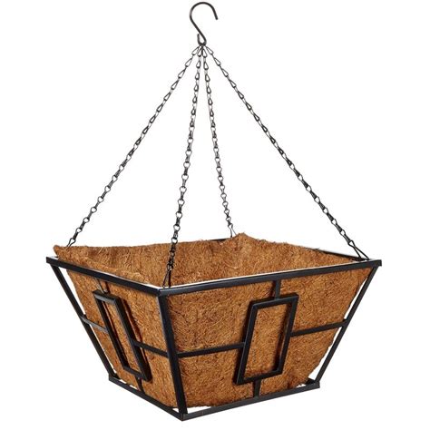 Panacea 14" Contemporary Square Hanging Basket With Coco Liner, Black - Coolings Garden Centre