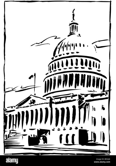 A black and white drawing of the Capitol building in Washington DC ...