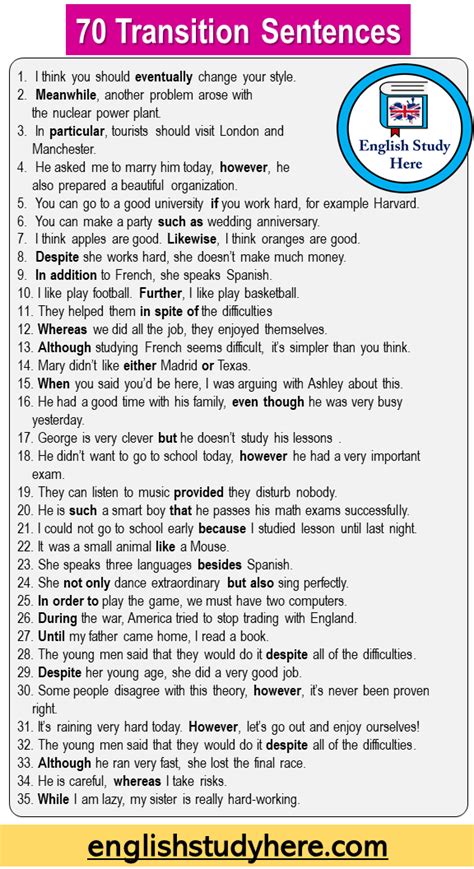 70 Transition Sentences in English, Transition Words and Example Sentences - English Study Here