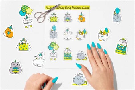 Fat Cat Birthday Party Stickers. Graphic by NadineStore · Creative Fabrica