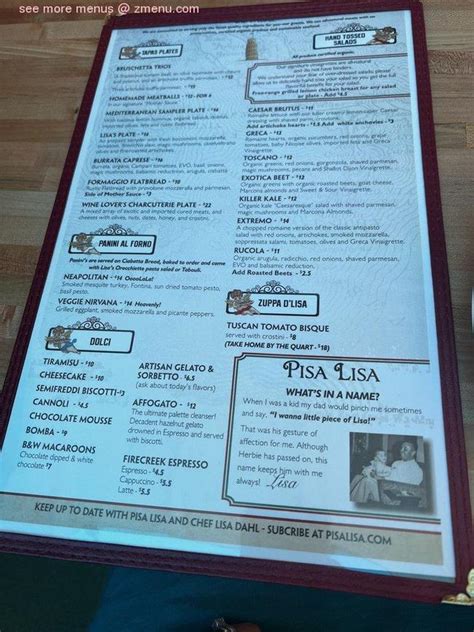 Online Menu of Pisa Lisa Restaurant, Sedona, Arizona, 86351 - Zmenu