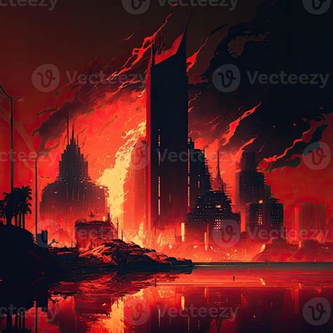 Red thunder cityscape the burning city digital art style. Generate Ai ...