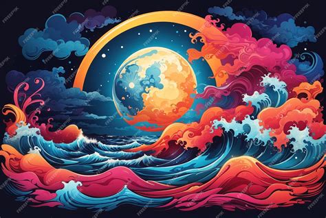 Premium AI Image | Waves at night Big moon Illustration Bright col