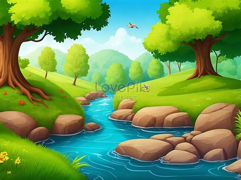 รูปCartoon Character Nature Scene Of River In The Forest, HD ภาพถ่าย ...