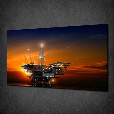 OIL RIG AT NIGHT SUNSET SEA MODERN CANVAS PRINT PICTURE WALL ART FREE UK P&P - Canvas Print Art