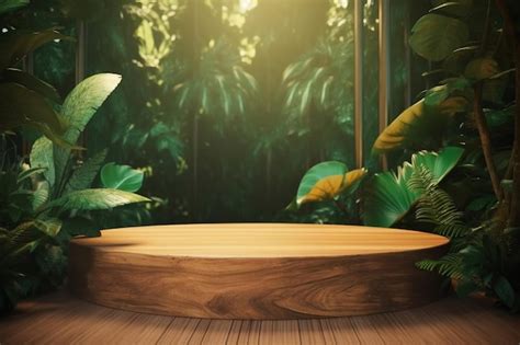 Premium AI Image | Empty round wooden podium in the jungle with green leaves on the background