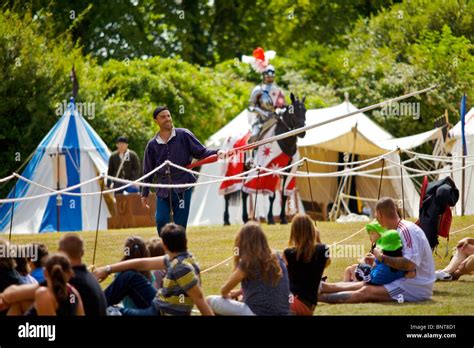 A jousting lance is shown to the audience in a medieval jousting tournament re-enactment held at ...