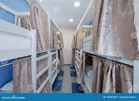 Hostel Room. Empty Bunk Wooden Beds with Fabric Curtains Stock Image - Image of modern, cheap ...