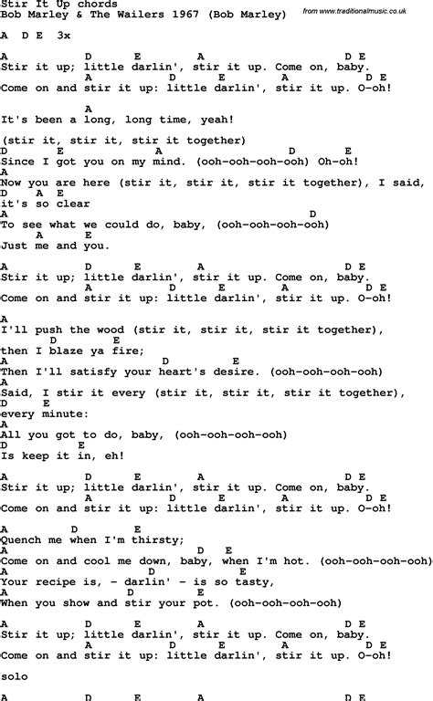 Song lyrics with guitar chords for Stir It Up