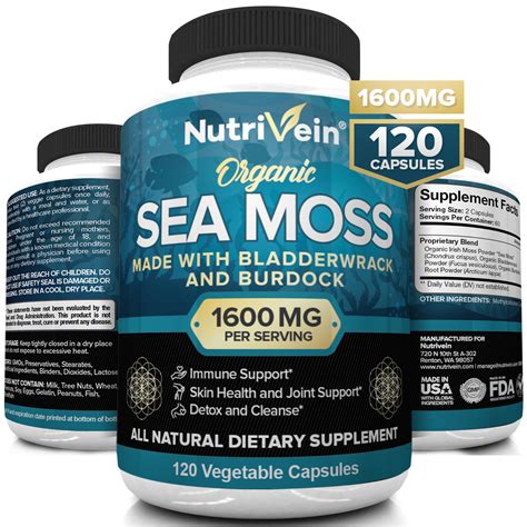 Nutrivein Organic Sea Moss 1600mg plus Bladderwrack & Burdock - 120 Capsules - Prebiotic Super ...