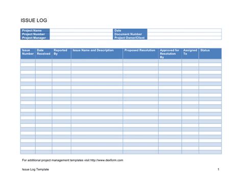 Issue log template in Word and Pdf formats