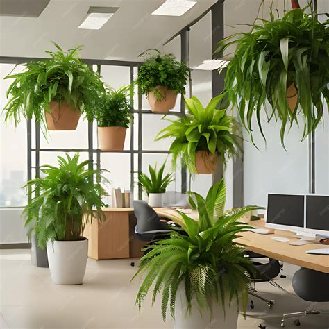 Premium Photo | A room with a plant hanging from the ceiling and a monitor on the desk