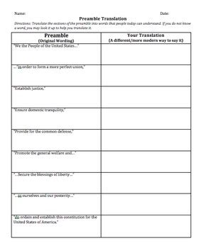 Preamble Translation Worksheet by Ryan Fisher | TPT