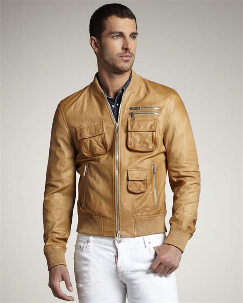 Dsquared² Leather Bomber Jacket in Beige for Men | Lyst