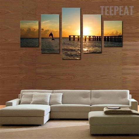 Dolphin Before The Sunset Seascape – Animal 5 Panel Canvas Art Wall ...